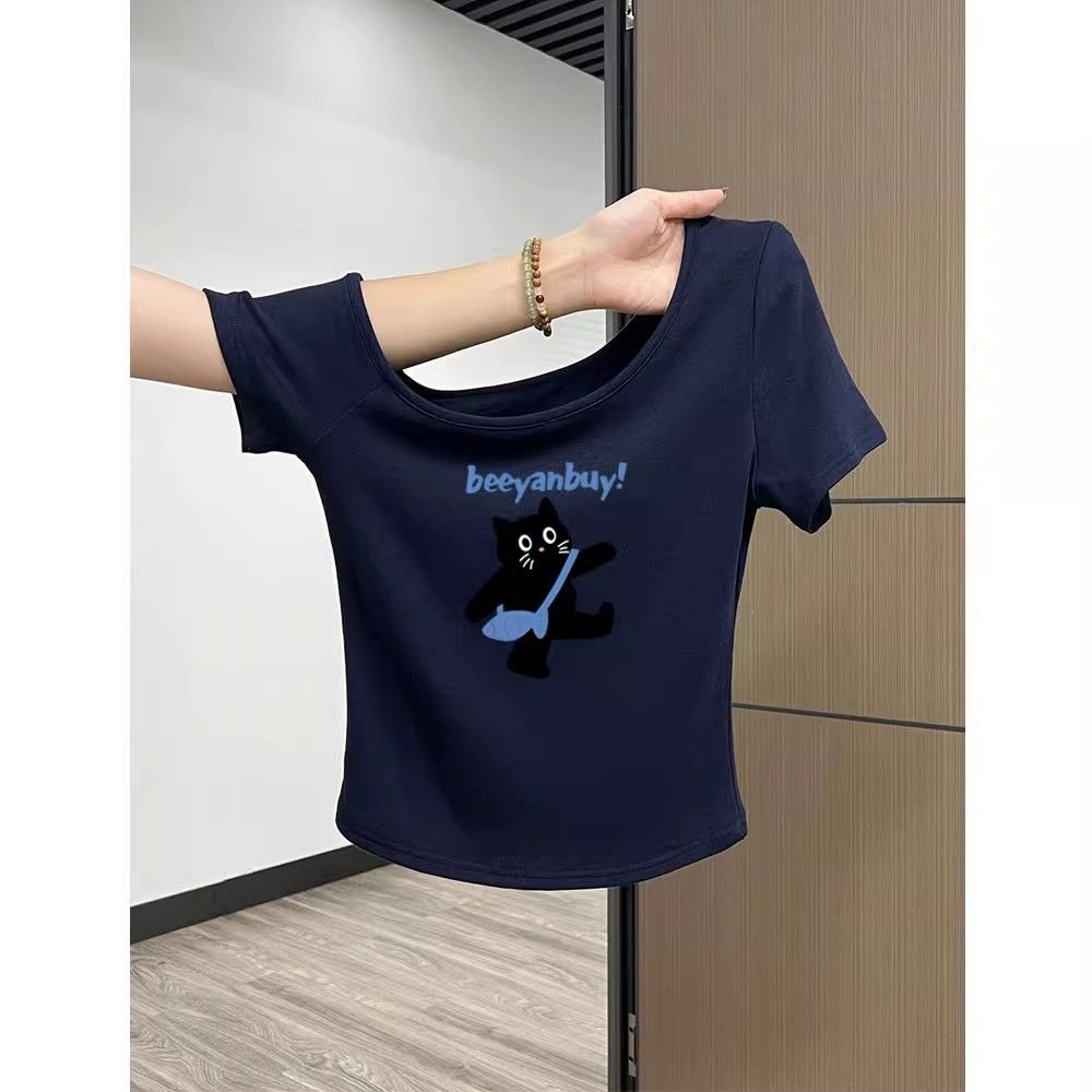 Korean style navy blue off-shoulder slim-fit short-sleeved t-shirt for women, new summer style, petite, short, pure cotton, absolutely gorgeous top.
