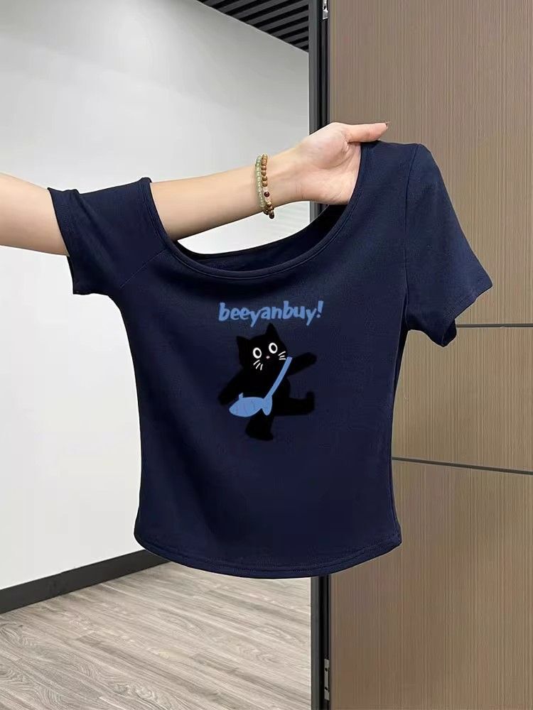 Korean style navy blue off-shoulder slim-fit short-sleeved t-shirt for women, new summer style, petite, short, pure cotton, absolutely gorgeous top.