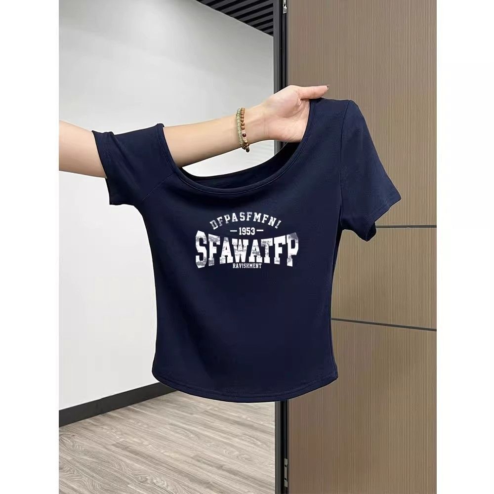 Korean style navy blue off-shoulder slim-fit short-sleeved t-shirt for women, new summer style, petite, short, pure cotton, absolutely gorgeous top.