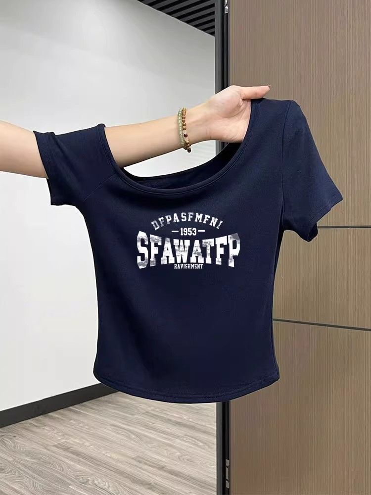 Korean style navy blue off-shoulder slim-fit short-sleeved t-shirt for women, new summer style, petite, short, pure cotton, absolutely gorgeous top.