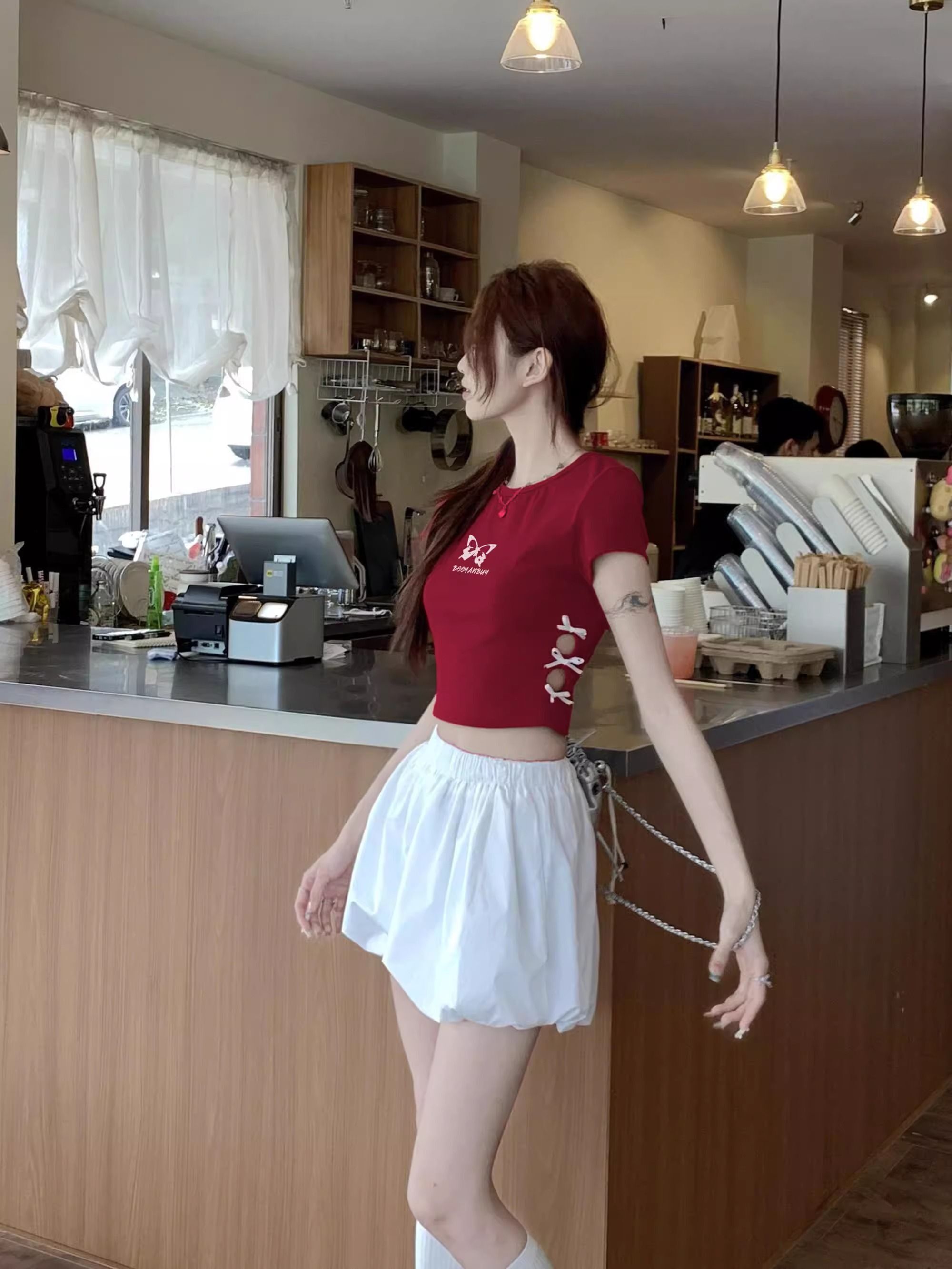 Women's 220g pure cotton 92% cotton 8% spandex printed hollow bow short-sleeved T-shirt