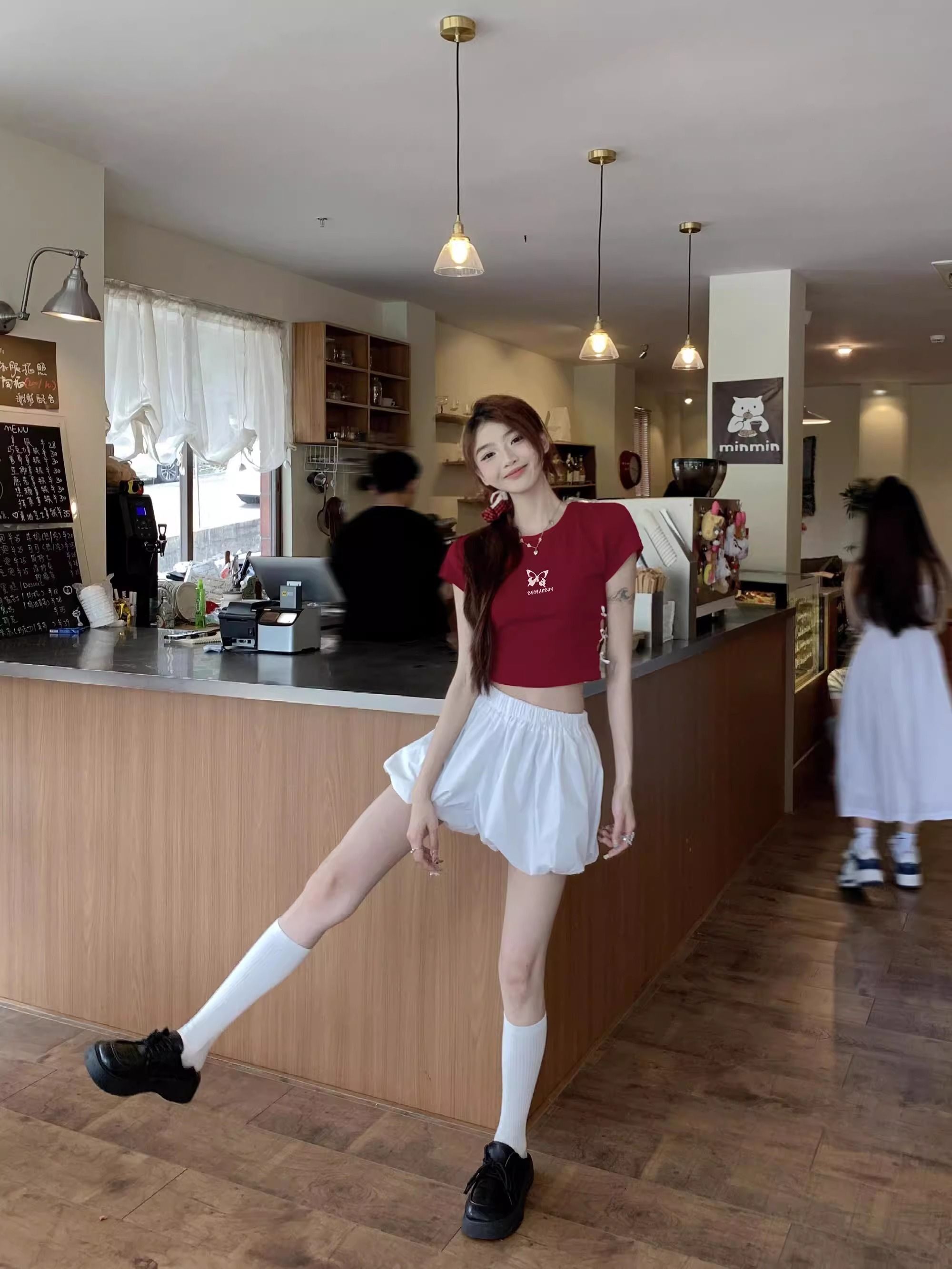 Women's 220g pure cotton 92% cotton 8% spandex printed hollow bow short-sleeved T-shirt