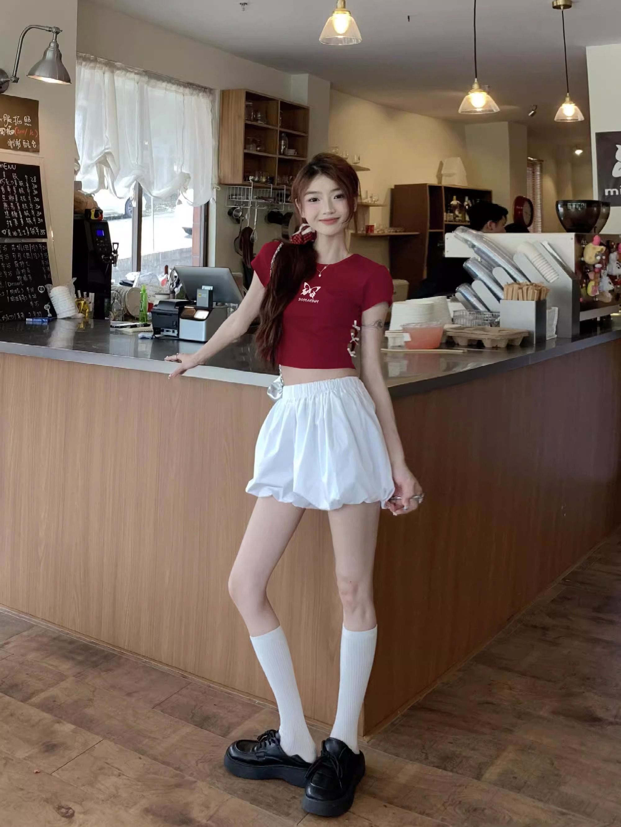 Women's 220g pure cotton 92% cotton 8% spandex printed hollow bow short-sleeved T-shirt