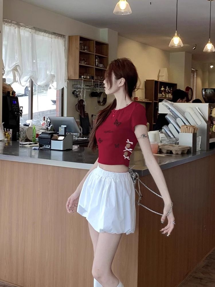 Women's 220g pure cotton 92% cotton 8% spandex printed hollow bow short-sleeved T-shirt