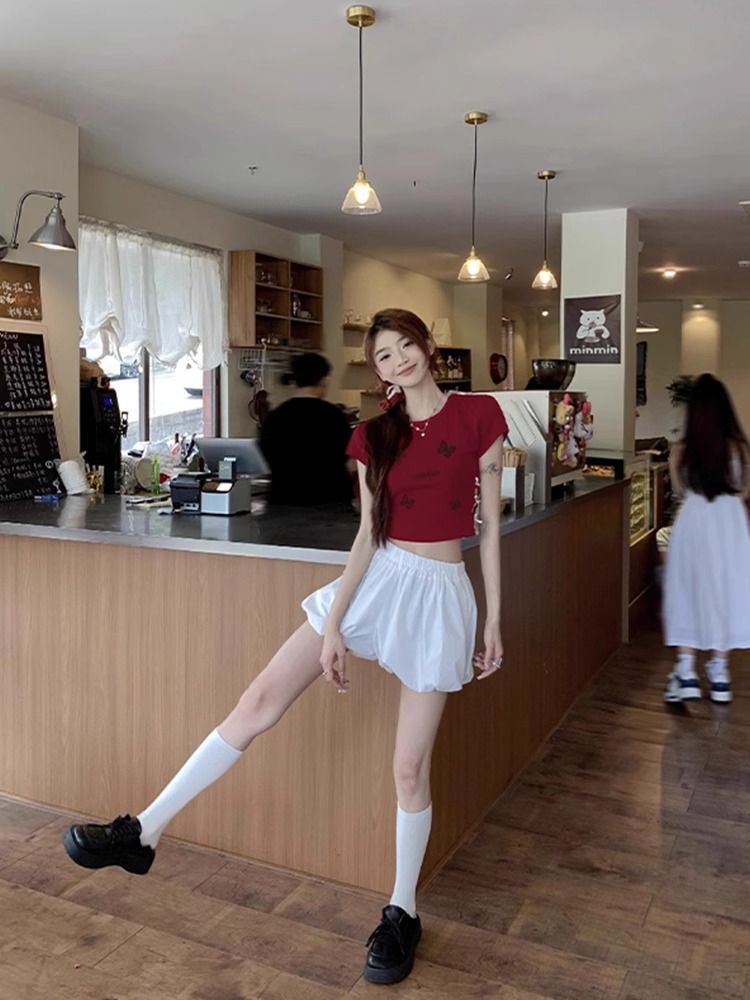 Women's 220g pure cotton 92% cotton 8% spandex printed hollow bow short-sleeved T-shirt