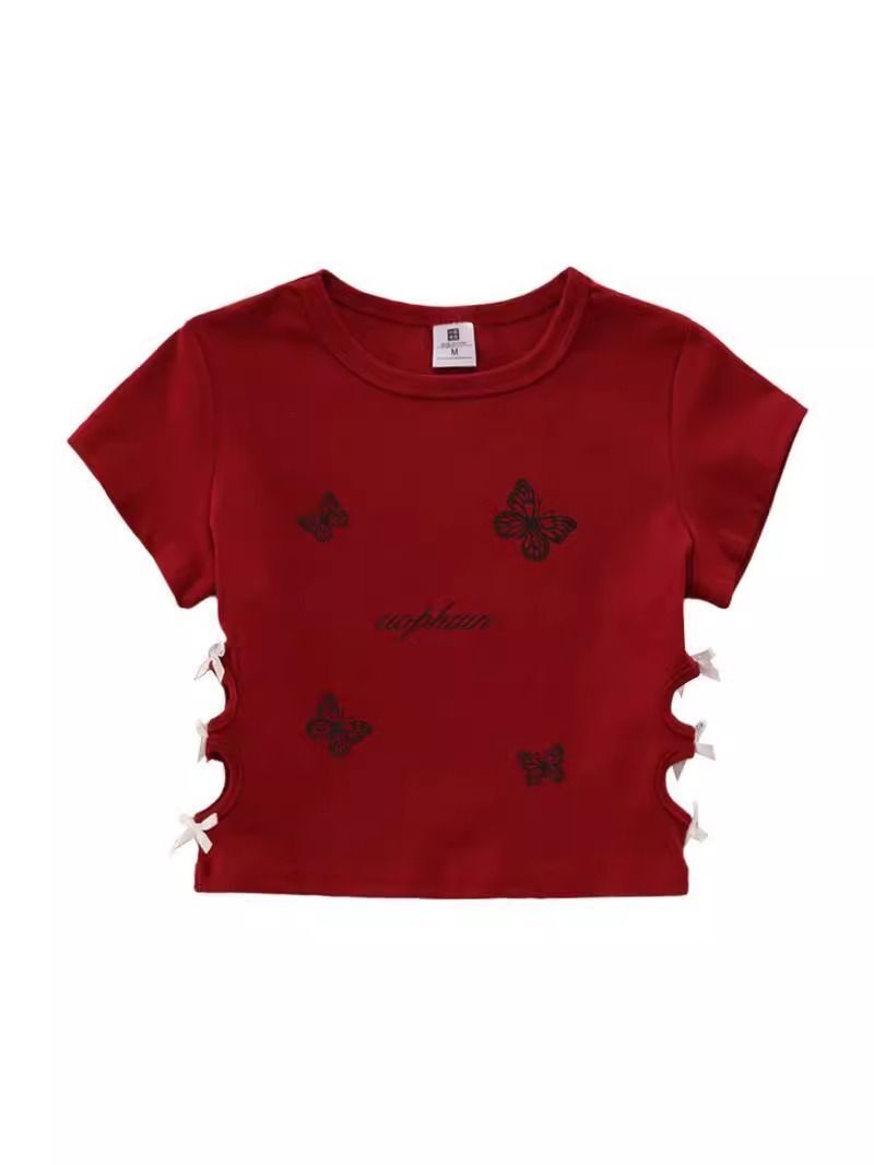 Women's 220g pure cotton 92% cotton 8% spandex printed hollow bow short-sleeved T-shirt