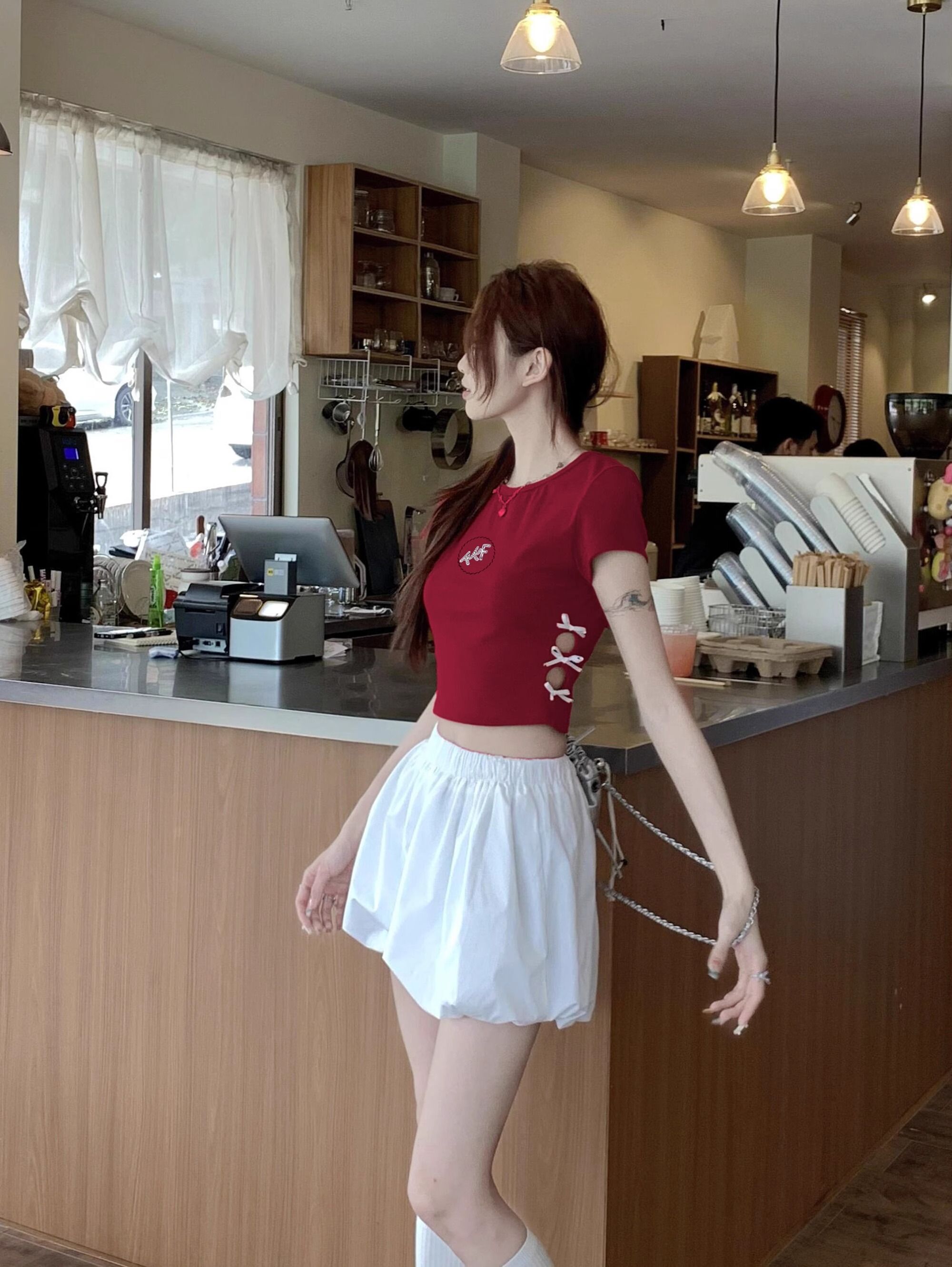 Women's 220g pure cotton 92% cotton 8% spandex printed hollow bow short-sleeved T-shirt