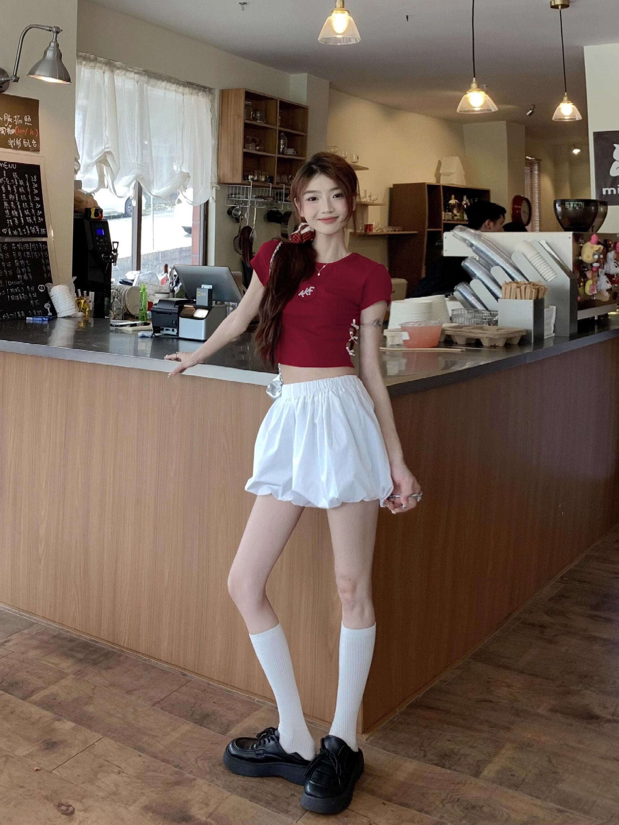 Women's 220g pure cotton 92% cotton 8% spandex printed hollow bow short-sleeved T-shirt