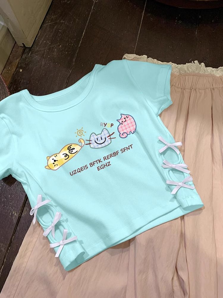 Women's 220g pure cotton 92% cotton 8% spandex printed hollow bow short-sleeved T-shirt