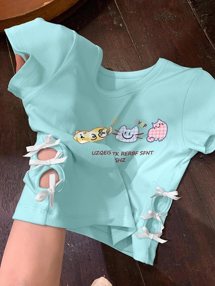 Women's 220g pure cotton 92% cotton 8% spandex printed hollow bow short-sleeved T-shirt