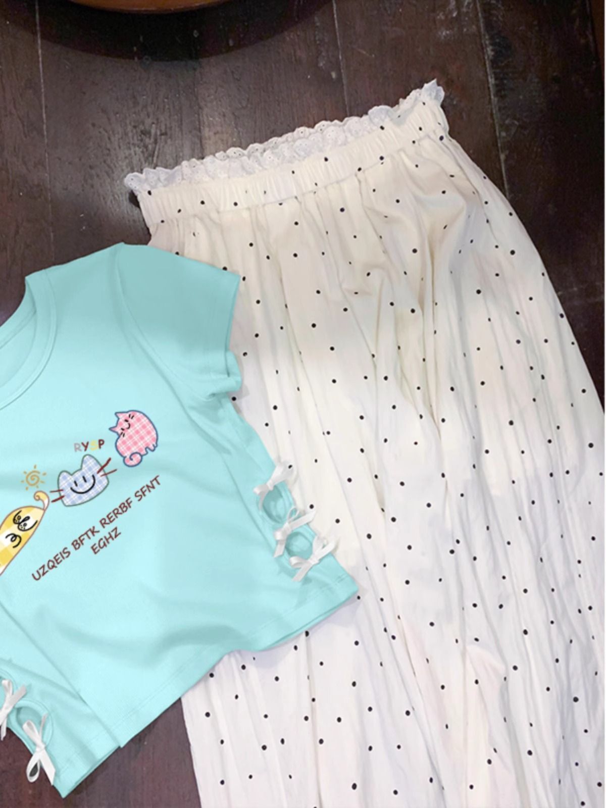 Women's 220g pure cotton 92% cotton 8% spandex printed hollow bow short-sleeved T-shirt