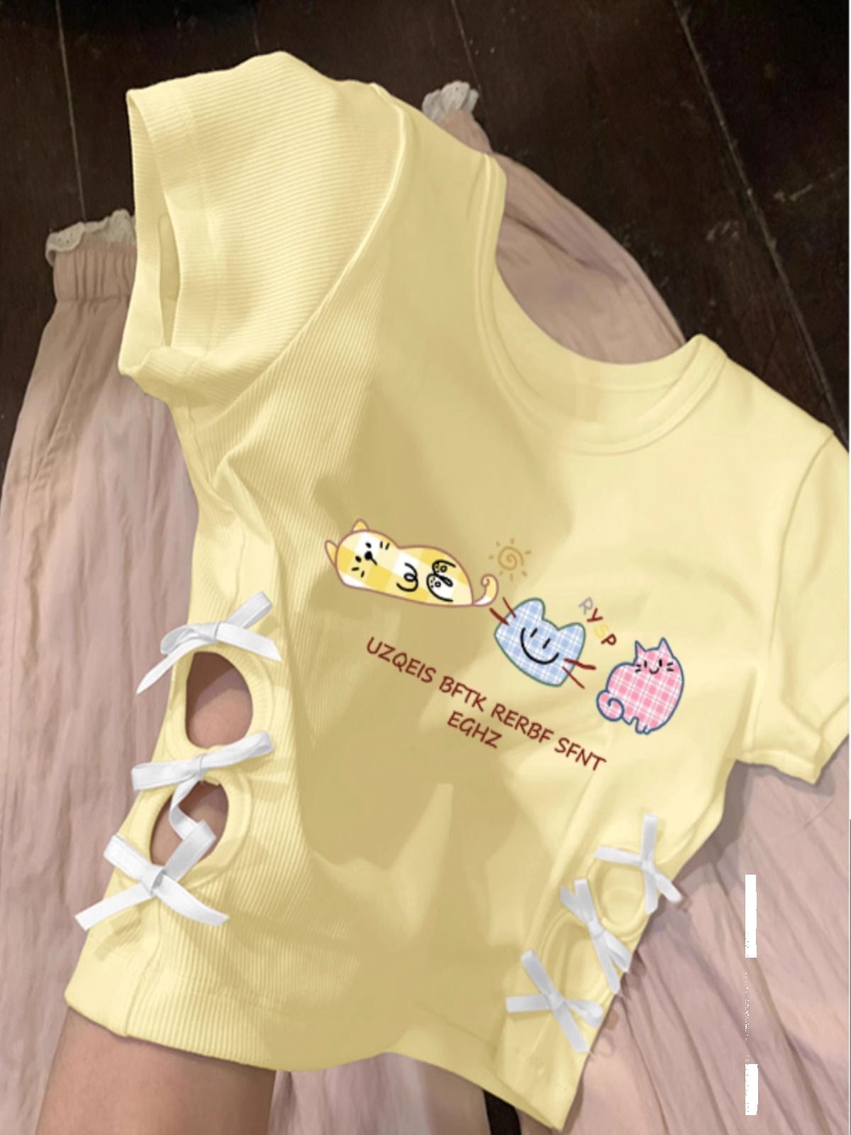 Women's 220g pure cotton 92% cotton 8% spandex printed hollow bow short-sleeved T-shirt