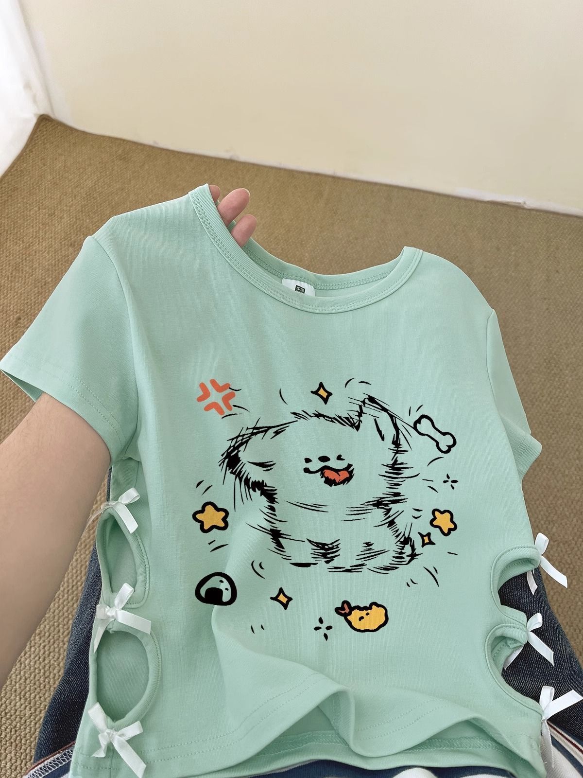 Women's 220g pure cotton 92% cotton 8% spandex printed hollow bow short-sleeved T-shirt