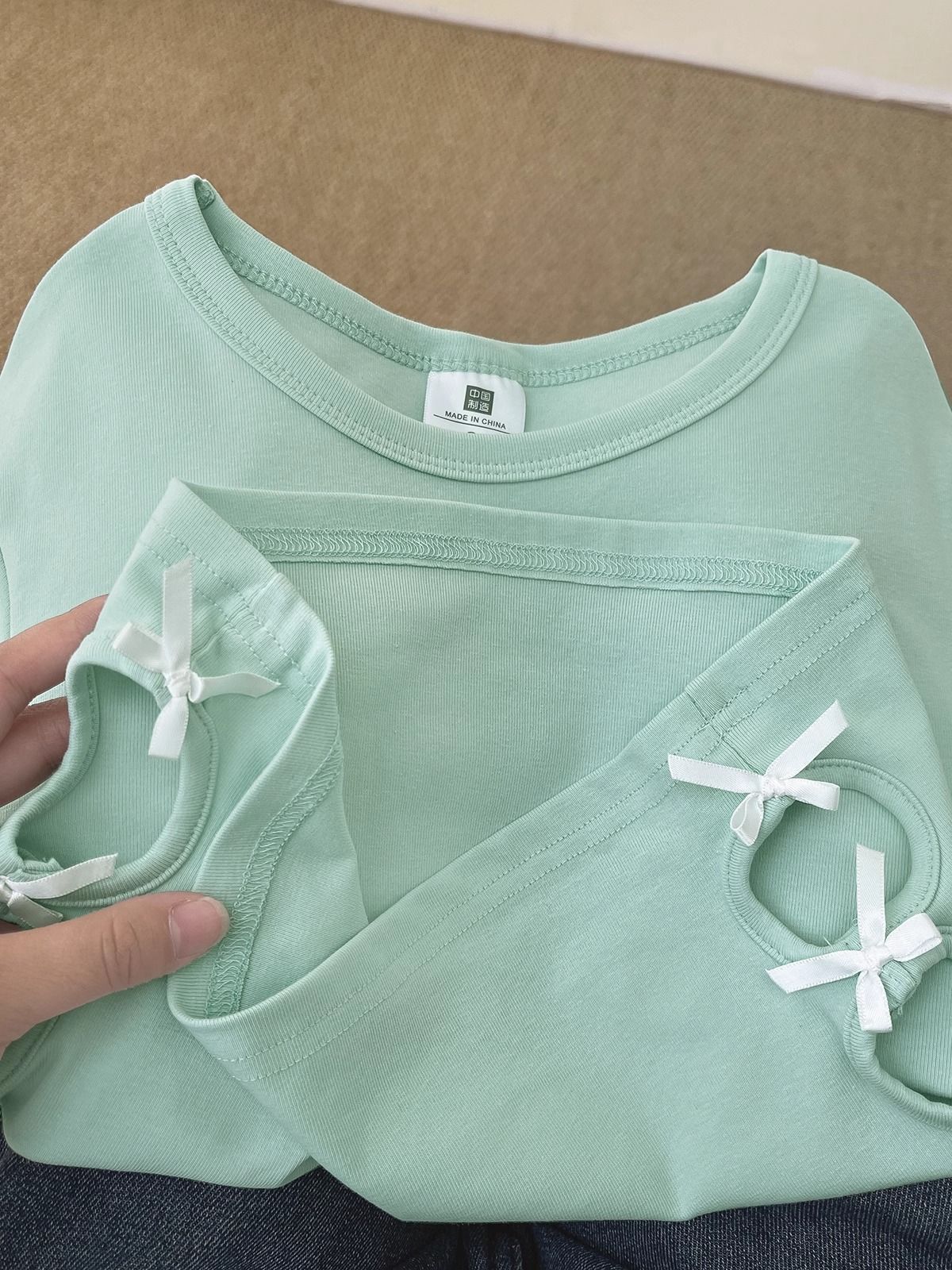 Women's 220g pure cotton 92% cotton 8% spandex printed hollow bow short-sleeved T-shirt