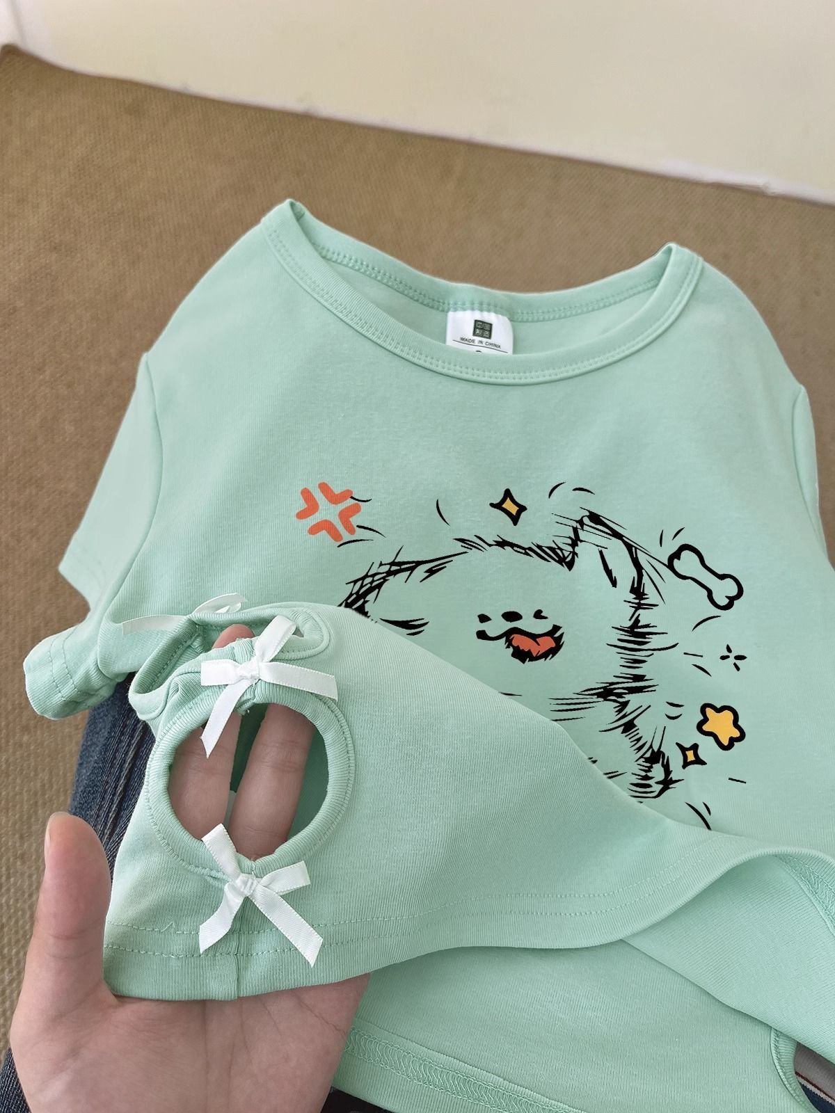 Women's 220g pure cotton 92% cotton 8% spandex printed hollow bow short-sleeved T-shirt