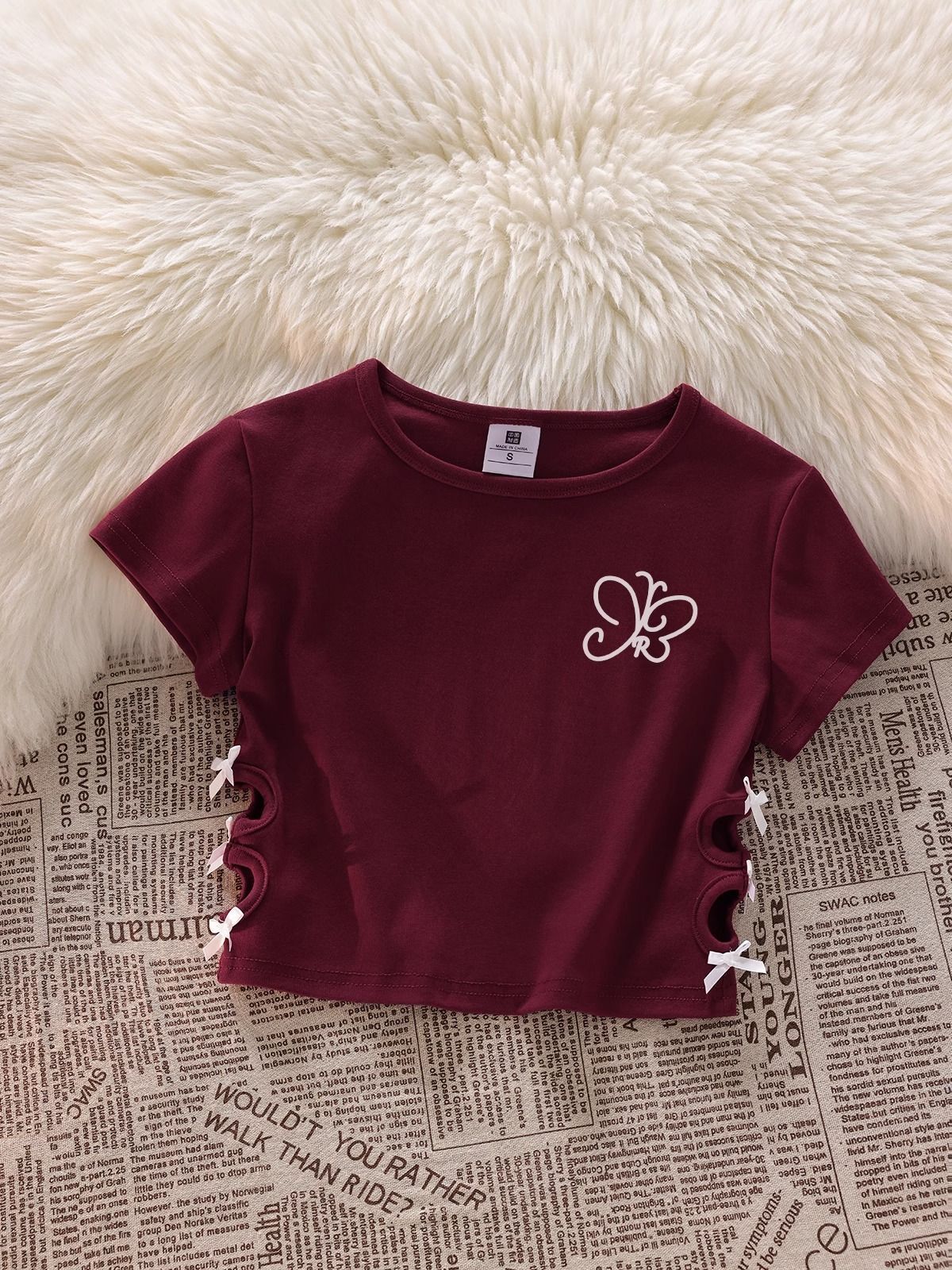 Women's 220g pure cotton 92% cotton 8% spandex printed hollow bow short-sleeved T-shirt