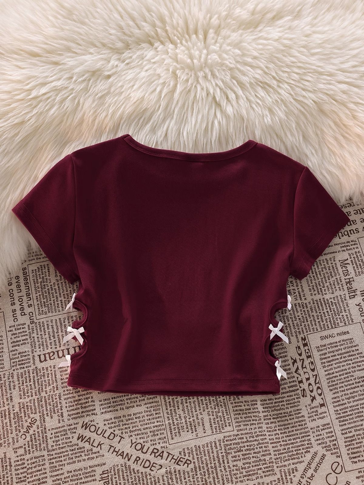 Women's 220g pure cotton 92% cotton 8% spandex printed hollow bow short-sleeved T-shirt