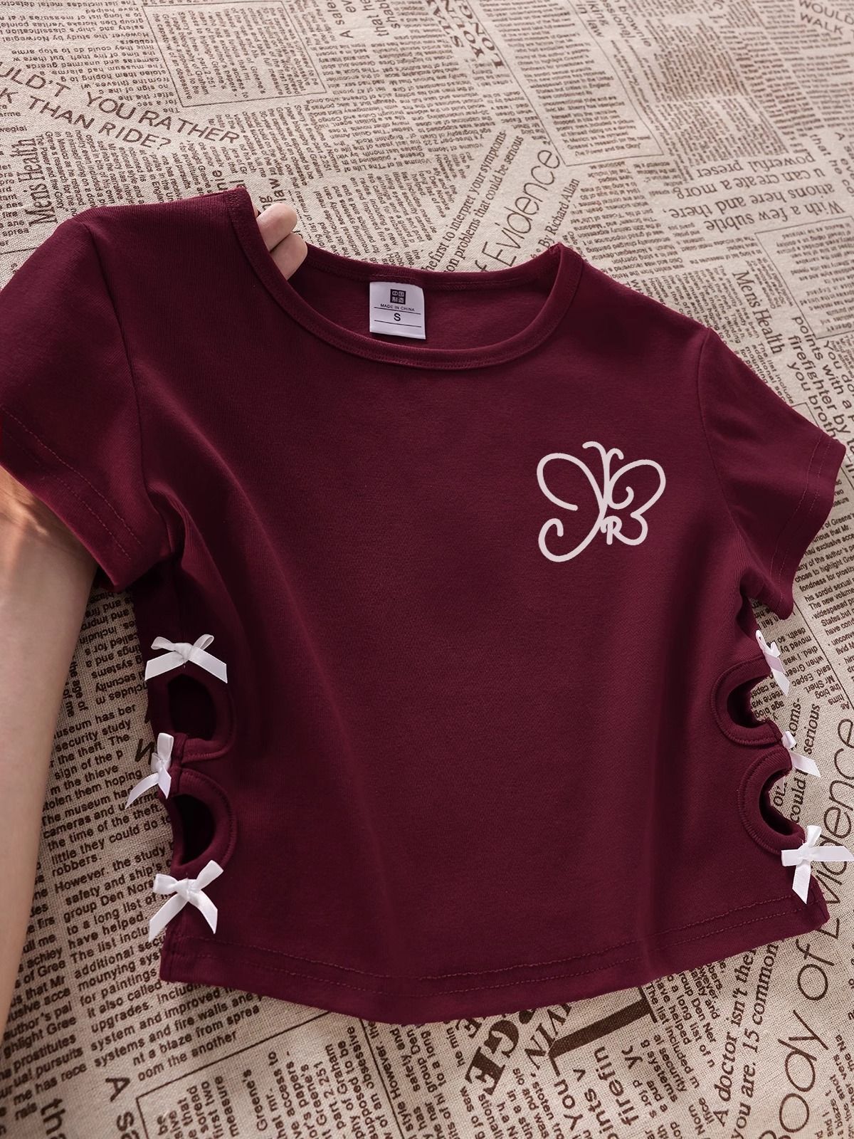 Women's 220g pure cotton 92% cotton 8% spandex printed hollow bow short-sleeved T-shirt