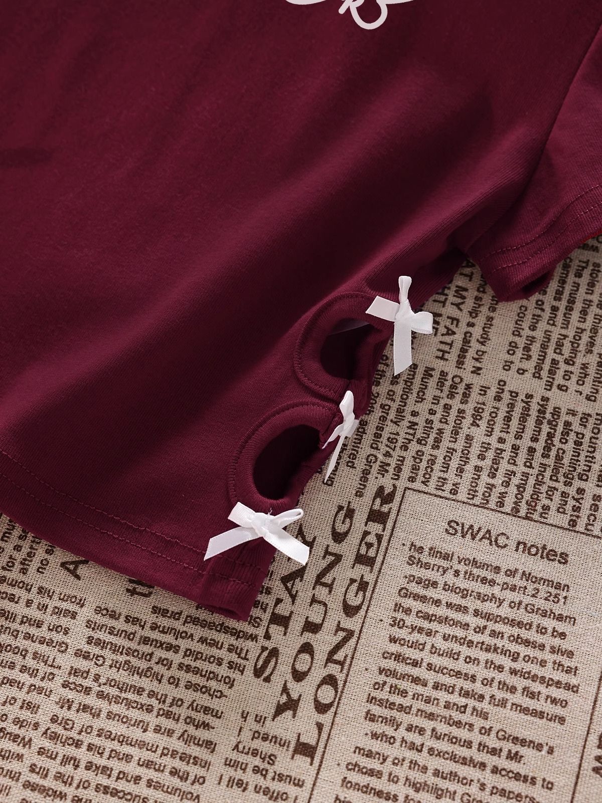 Women's 220g pure cotton 92% cotton 8% spandex printed hollow bow short-sleeved T-shirt