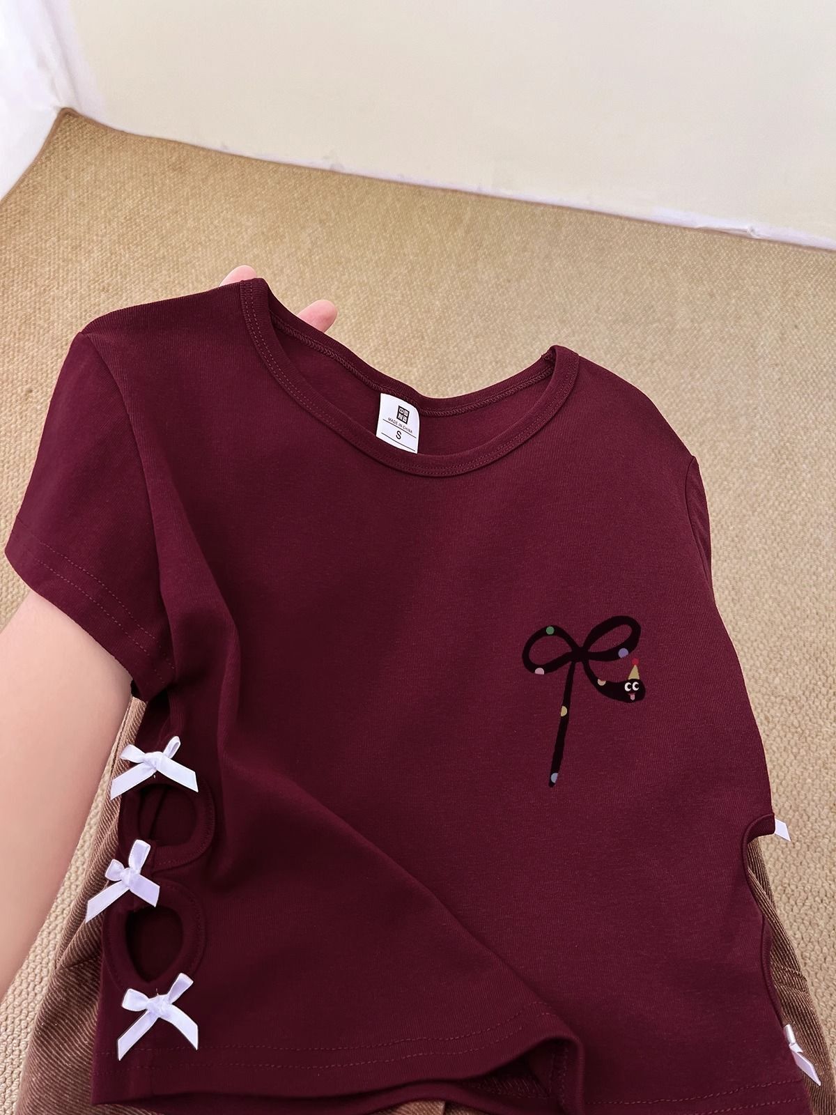 Women's 220g pure cotton 92% cotton 8% spandex printed hollow bow short-sleeved T-shirt