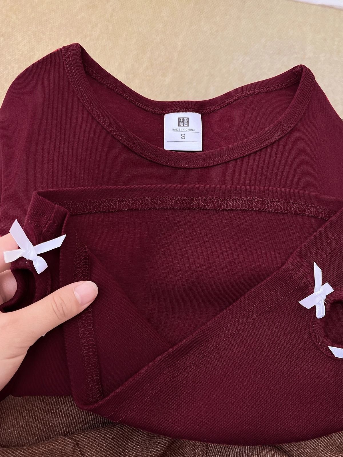 Women's 220g pure cotton 92% cotton 8% spandex printed hollow bow short-sleeved T-shirt