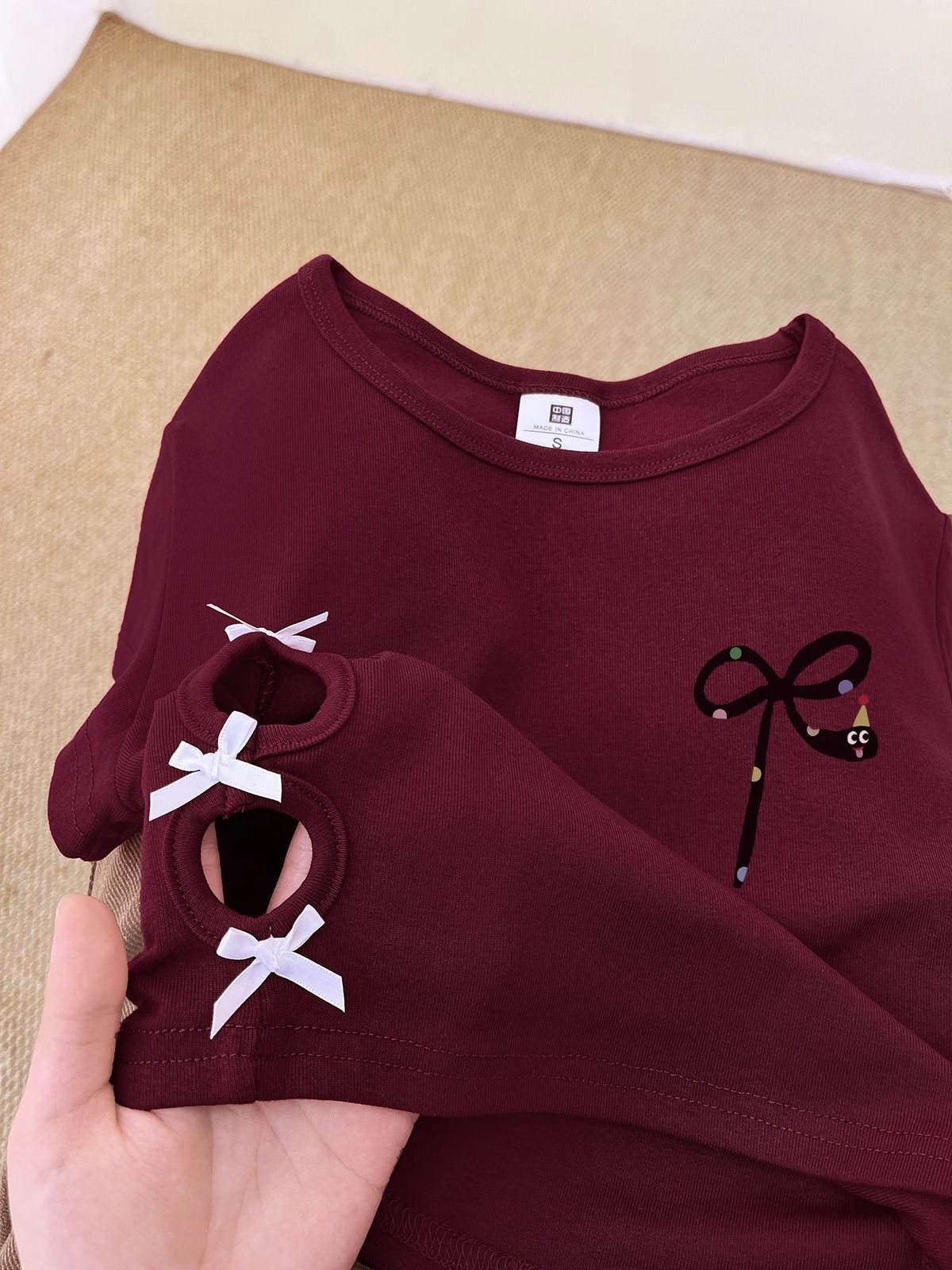 Women's 220g pure cotton 92% cotton 8% spandex printed hollow bow short-sleeved T-shirt