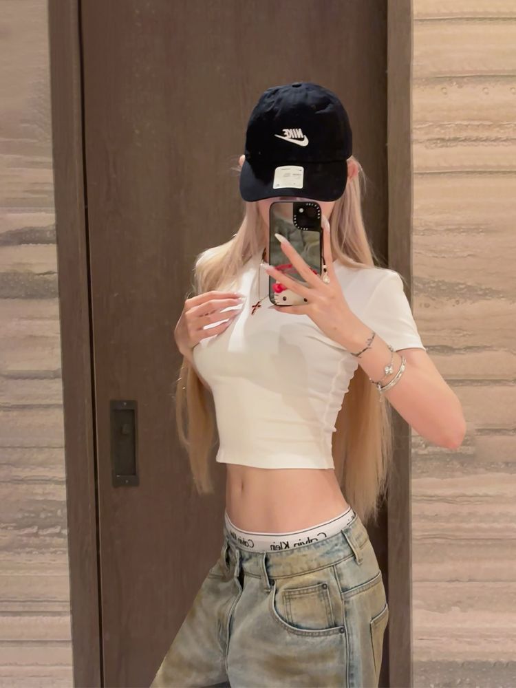 1*1 Pure Cotton High Elasticity New Summer Short-Sleeved Top, Fits Well with High-Waisted Pants, Slimming and Stylish