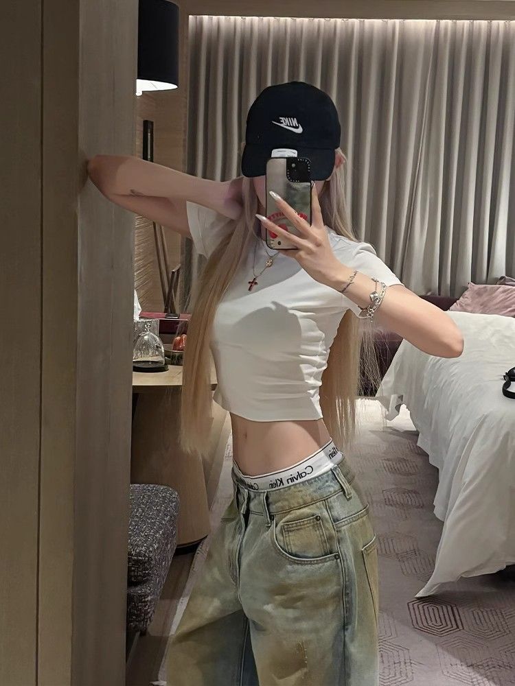 1*1 Pure Cotton High Elasticity New Summer Short-Sleeved Top, Fits Well with High-Waisted Pants, Slimming and Stylish