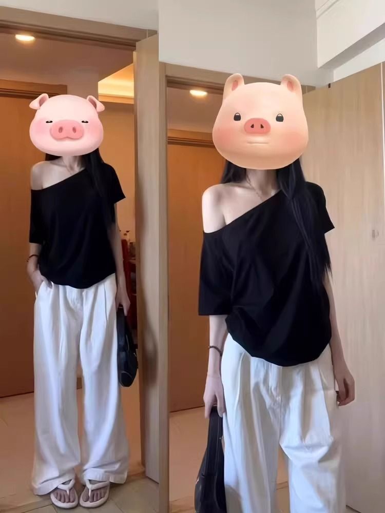 American retro style off-shoulder short-sleeved t-shirt for women, summer design, unique loose fit, sexy top.