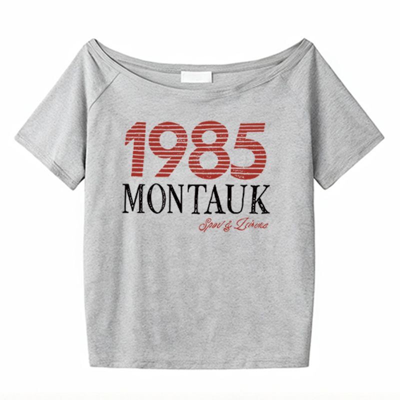 American retro style off-shoulder short-sleeved t-shirt for women, summer design, unique loose fit, sexy top.