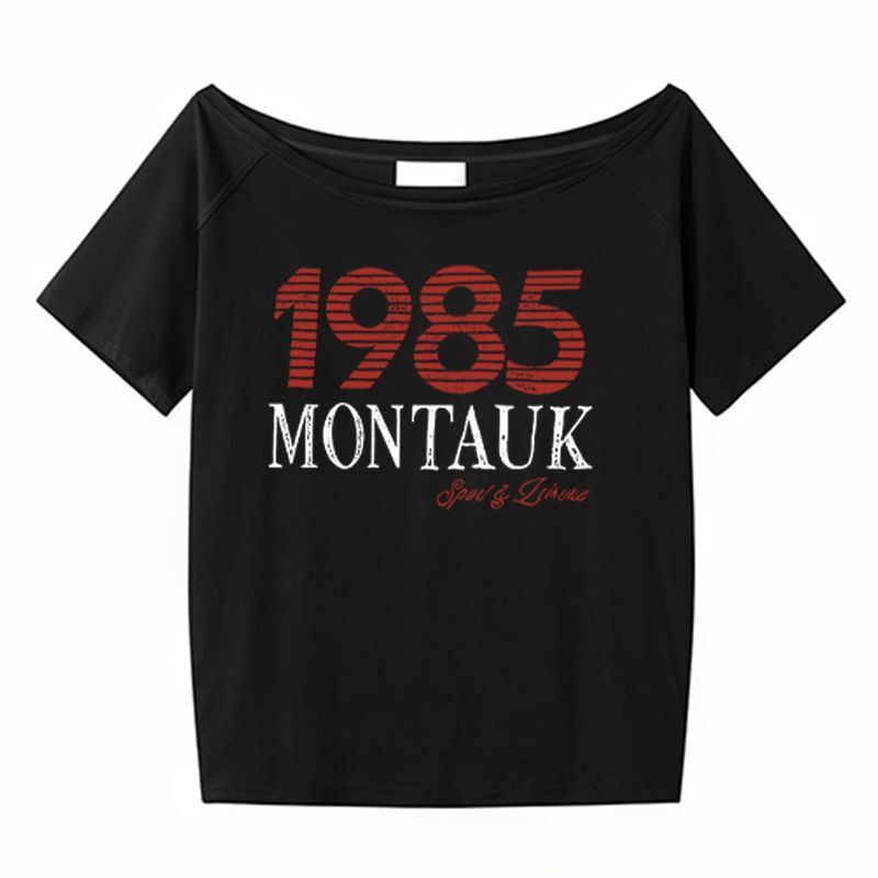 American retro style off-shoulder short-sleeved t-shirt for women, summer design, unique loose fit, sexy top.